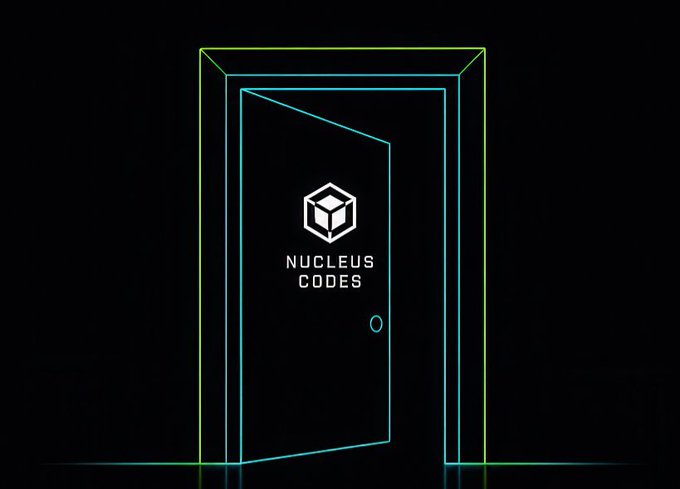 A neon-style graphic displays an open door outline in cyan and green, featuring a cube logo and the text 'NUCLEUS CODES' on a black background.