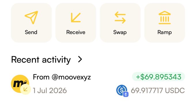 A crypto wallet interface showing Send, Receive, Swap, and Ramp action buttons, with recent activity from @moovexyz dated 1 Jul 2026 receiving +$69.895343 (69.917717 USDC).