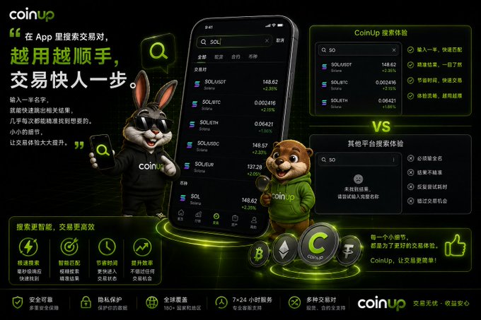 A promotional advertisement in Chinese for the CoinUp cryptocurrency exchange app, featuring a rabbit mascot and a comparison chart of search experience versus other platforms.