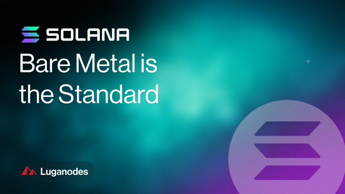 A promotional graphic with the Solana logo reading 'Bare Metal is the Standard' alongside the Luganodes logo, set against a teal and purple gradient background.