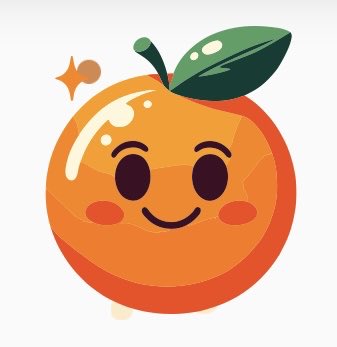 A cartoon orange character with a green leaf on top, featuring a smiling face with rosy cheeks and small star sparkles beside it.