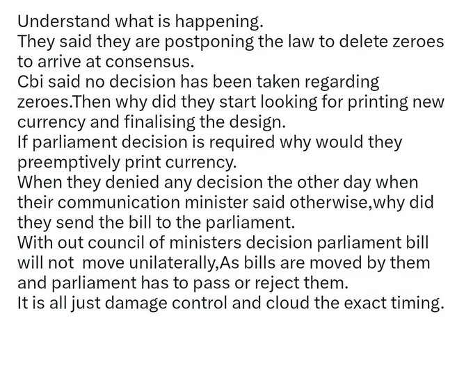 The image shows a text-based post questioning the Indian government's contradictory messaging regarding the deletion of zeroes from currency, questioning why they preemptively print new currency and send bills to parliament while claiming no decision has been made.

In the context of #IQD (Iraqi Dinar), this post draws a parallel to similar concerns about official denials of currency redenomination decisions, suggesting the Indian government is engaged in "damage control" and obscuring the exact timing—just as some #IQD investors speculate about quiet planning for an Iraqi Dinar revaluation despite public denials.