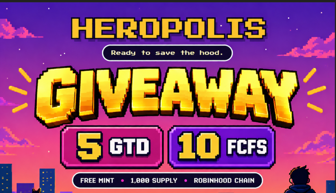 A pixel-art style promotional graphic announcing a "HEROPOLIS" giveaway, with the tagline "Ready to save the hood," featuring 5 GTD and 10 FCFS spots for a free mint on Robinhood Chain with a 1,000 supply. The image directly supports the accompanying post's instructions to follow, like, retweet, and comment for a chance to participate in the mint.