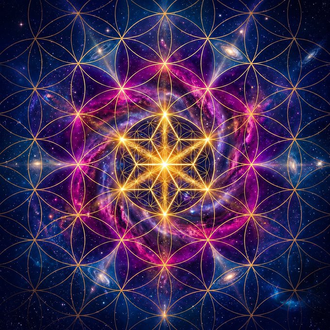 A vibrant cosmic artwork featuring a Flower of Life sacred geometry pattern overlaid on a swirling purple and pink nebula with stars and galaxies in the background.