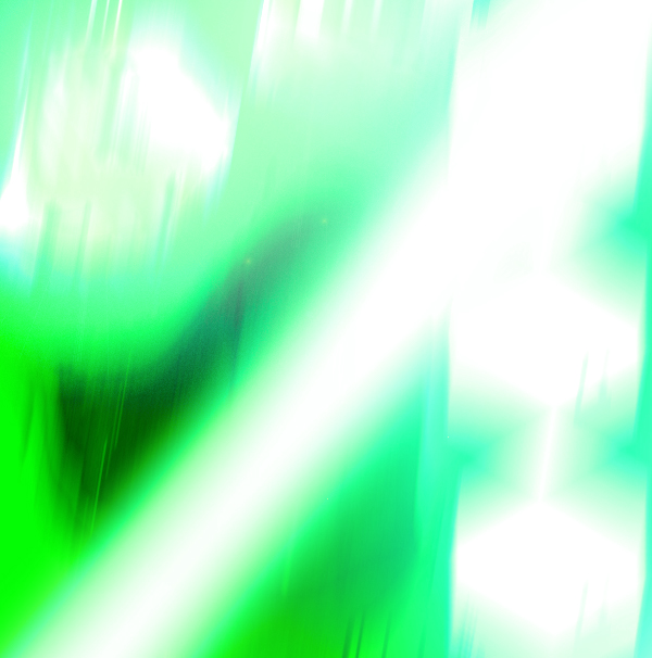 An abstract glowing background with diagonal streaks of bright green and white light features a faint hexagonal pattern.