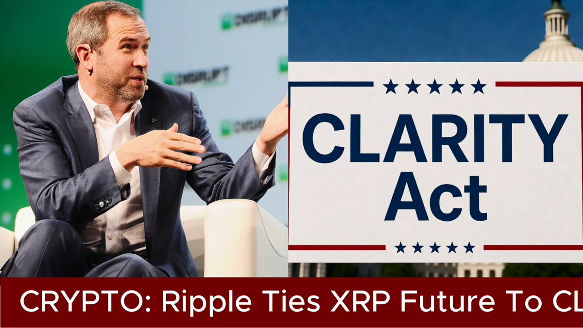The image features a man sitting down, holding up a sign that says "CLARITY Act" with his right hand while making a speech or giving an interview. The background of the image shows a building, suggesting that this event might be taking place in a public space like a town hall meeting or a similar venue.

The post also includes text about Ripple Ties XRP future to CLARITY Act and how it could help reshape crypto regulation in the United States. This information is likely related to the man's speech, as he may have been discussing the potential impact of the CLARITY Act on the cryptocurrency industry or the broader economy.
