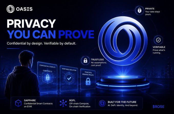 Marketing graphic for 'OASIS' featuring the headline 'PRIVACY YOU CAN PROVE - Confidential by design. Verifiable by default' with a large 3D blue logo and feature callouts.