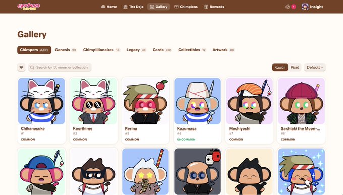 A screenshot of the Chimpers Gallery page showing a grid of cartoon monkey NFT characters with names like Chikanosuke, Koorihime, Rerina, Kazumasa, Mochiyoshi, and Sachiaki the Moon, all labeled as COMMON.
