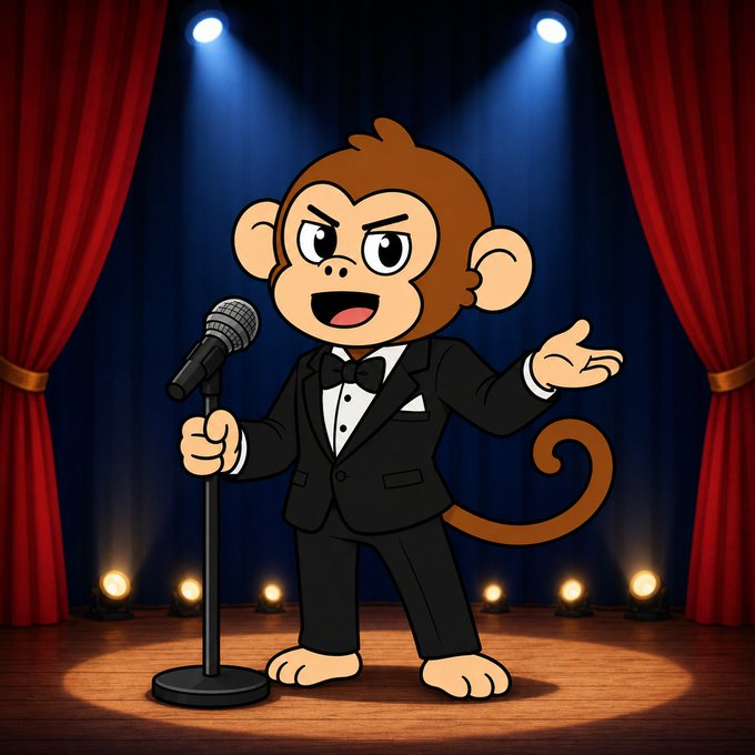 Cartoon illustration of a monkey in a black tuxedo holding a microphone on a stage with red curtains and blue spotlight background, appearing to perform or speak.