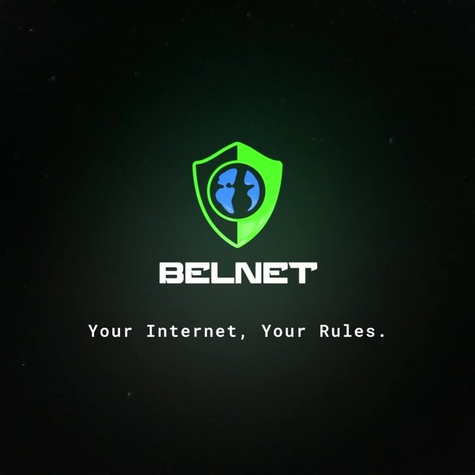 A logo for 'BELNET' featuring a green shield with a blue globe inside, accompanied by the tagline 'Your Internet, Your Rules.' on a dark background.