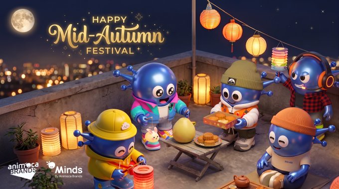 Adorable blue mascot characters from Animoca Brands gather on a moonlit rooftop for a Happy Mid-Autumn Festival celebration, complete with glowing lanterns, mooncakes, and warm festive cheer—visually echoing the company's reflective message about honoring tradition while embracing the evolving Web3 landscape.