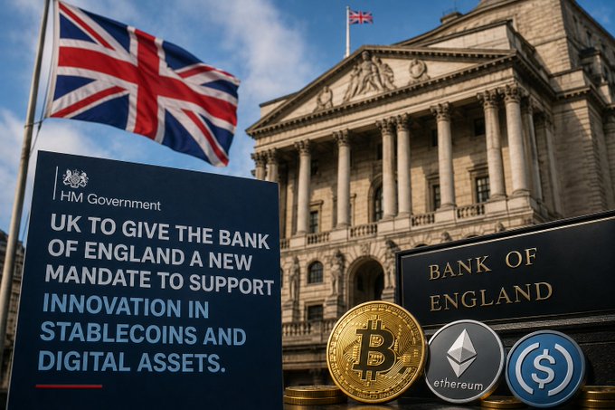 An image showing the Bank of England building with a British Union Jack flag flying above it, alongside an HM Government announcement reading 'UK TO GIVE THE BANK OF ENGLAND A NEW MANDATE TO SUPPORT INNOVATION IN STABLECOINS AND DIGITAL ASSETS,' with Bitcoin, Ethereum, and USD Coin icons displayed.