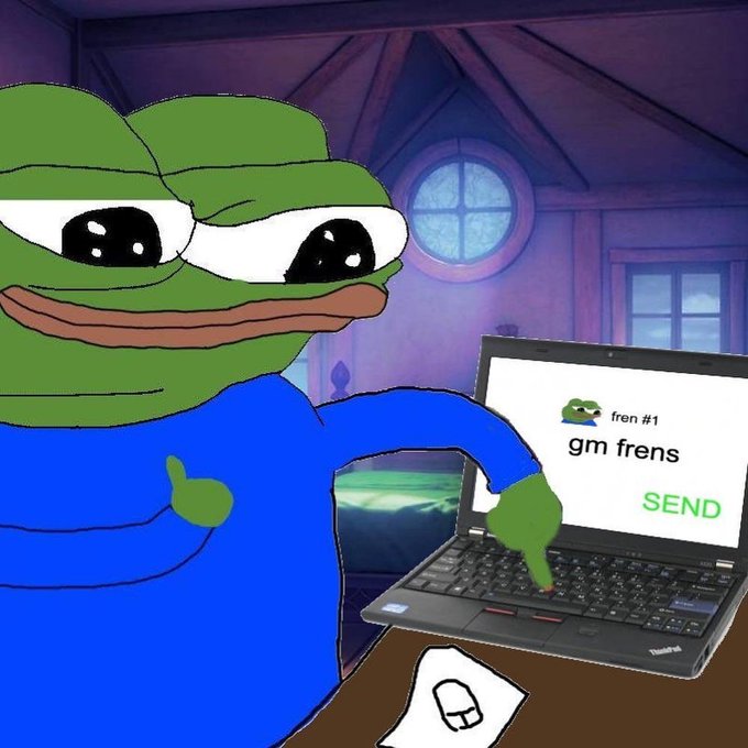 A Pepe the Frog meme sitting at a laptop with a message reading 'fren #1 gm frens SEND' displayed on the screen.