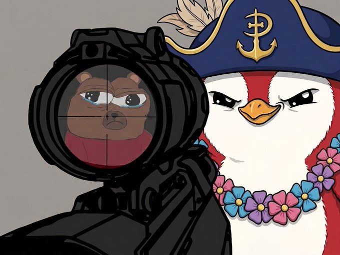 A cartoon illustration featuring a brown bear looking through a sniper scope next to a red and white chicken/bird character wearing a blue pirate hat with an anchor emblem and a colorful flower lei.