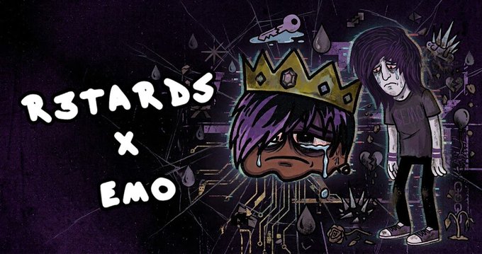An illustration with a dark, glitchy background featuring a crying cartoon character with purple hair and a crown, alongside an emo-style character, with the text 'R3TARDS X EMO'.