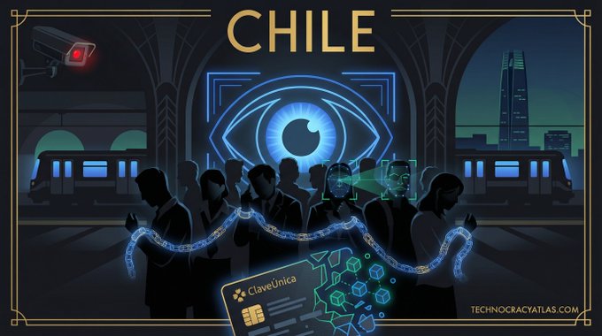 A digital illustration labeled 'CHILE' depicting silhouetted figures in suits connected by a glowing blockchain-style chain, set against a futuristic cityscape with a large eye logo, branded 'ClaveÚnica' and 'TECNOCRACYATLAS.COM'.