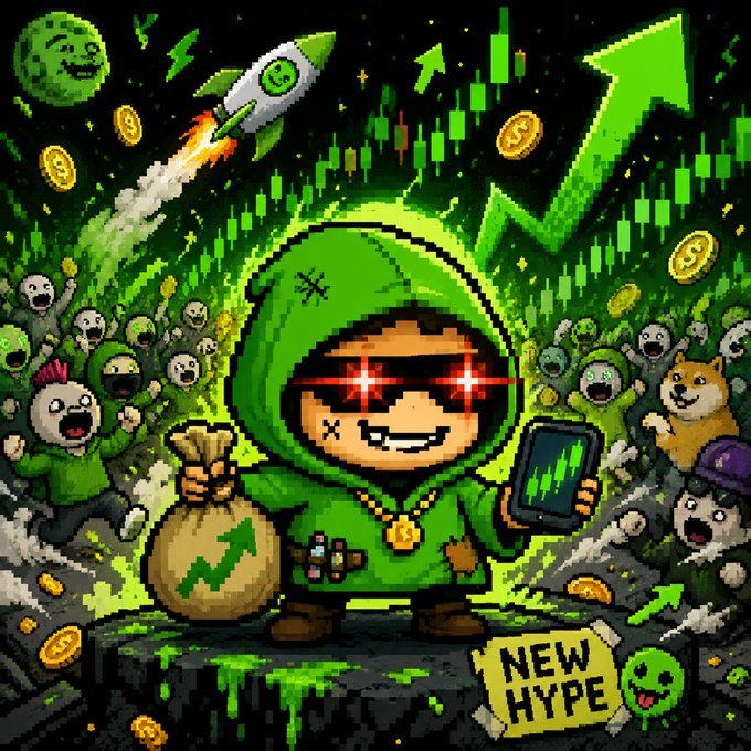 Pixel art of a hooded character with glowing red eyes holding a money bag and phone with a green chart, surrounded by doge-like creatures, a rocket, and the text 'NEW HYPE'.