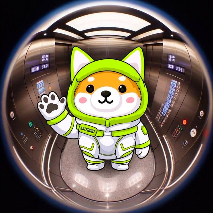 A cute Shiba Inu in a green and white astronaut suit with a patch reading "ASTEROID" waves from inside a futuristic spacecraft cabin, playfully personifying the $ASTEROID token "ascending to new heights" as suggested by the post.