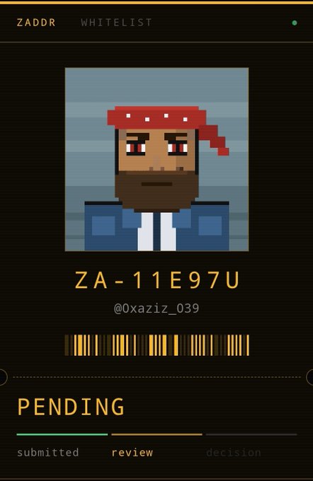 A pixel art whitelist card from ZADDR depicting a bearded character with a red bandana, showing code 'ZA-11E97U' for user '@0aziz_039' in pending review status.