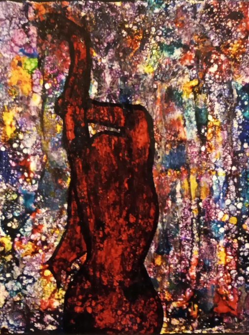 A close-up of the abstract painting 'roar' showing a red, textured figure against a vibrant multicolored splatter background.