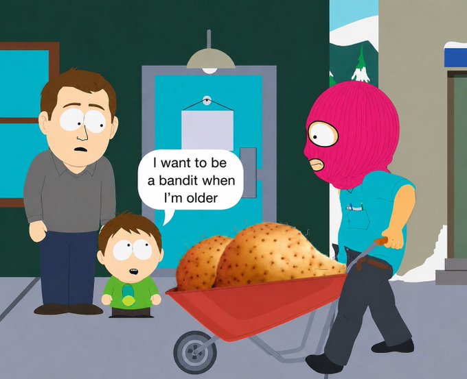 The image features a cartoon scene of a man wearing a bandit mask pushing a wheelbarrow full of potatoes down the street, with another person standing nearby. The caption for the image reads "I want to be a bandit when I'm older. Hats off to everyone still loading up. Keep buying, your future self will thank you!".