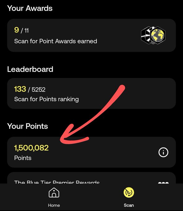 A dark-themed app screen displaying 'Your Awards' with 9/11, a Leaderboard showing 133/5252, and 'Your Points' at 1,500,082, highlighted by a hand-drawn red arrow.
