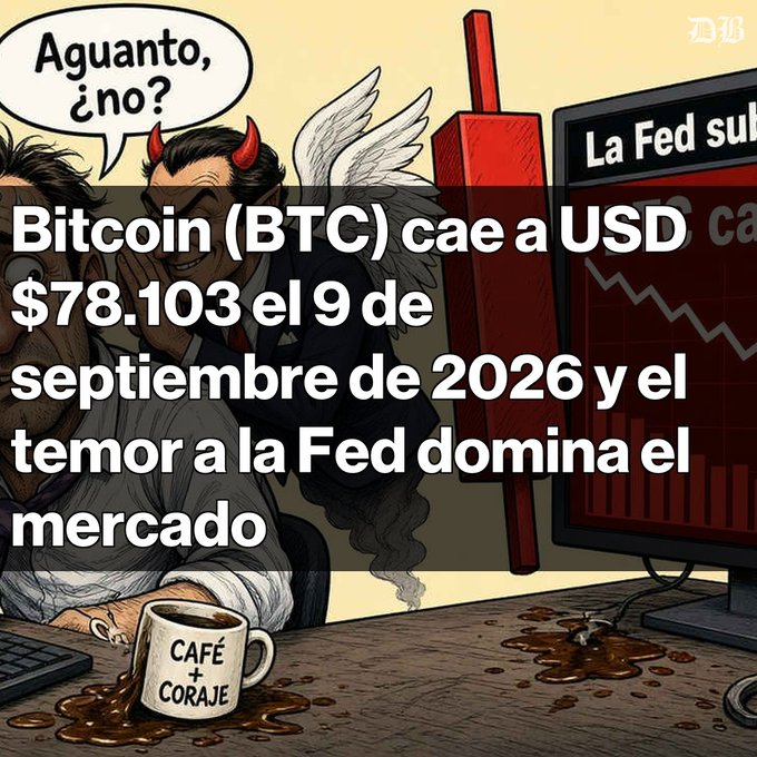 A Spanish-language meme featuring devil and angel figures whispering to a man at a desk with a "CAFÉ + CORAJE" mug, with a screen showing "La Fed sub" and overlaid text stating "Bitcoin (BTC) cae a USD $78.103 el 9 de septiembre de 2026 y el temor a la Fed domina el mercado".