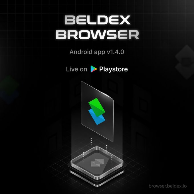 A promotional graphic for 'BELDEX BROWSER' Android app v1.4.0, available on Play Store, with the website browser.beldex.io.