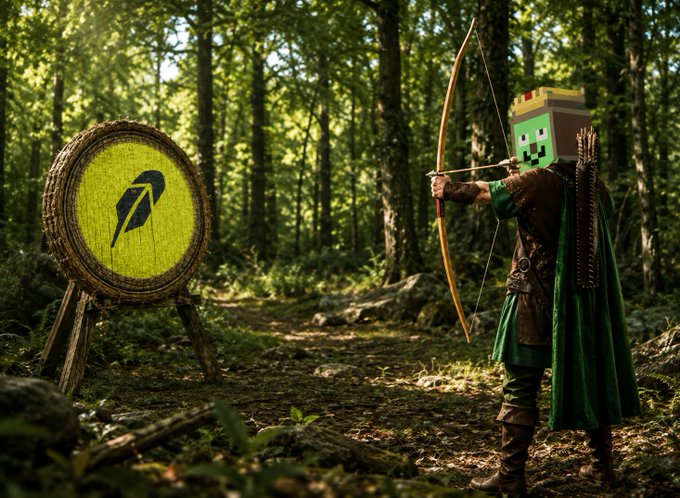 A digitally composited image shows a medieval archer aiming a bow at a wooden target with a green circular logo in a forest setting.