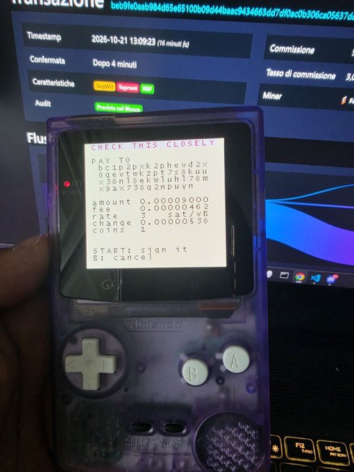 A translucent purple Game Boy held in someone's hand displays a custom crypto transaction screen showing a signed Bitcoin payment to address "bc1q2pxk2phevd2x8qevtwkzpt78kuxx38m18gkwiuh178mx9ax738d2npuyvm" for 0.00009000 BTC with a fee of 0.00000462, titled "CHECK THIS CLOSELY." The image demonstrates the "OFF WALLET" concept referenced in the post—a completely air-gapped Bitcoin wallet running on a Nintendo Game Boy with no internet connection, capable of generating BIP39 wallets, receiving BTC, and signing transactions.