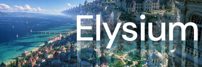 A banner featuring the word "Elysium" overlaid on a fantasy cityscape of a coastal town with white buildings, a grand palace, and turquoise waters, symbolizing the platform's vision of an idealized digital ecosystem for the Kinetiq L2 network before its mainnet launch.