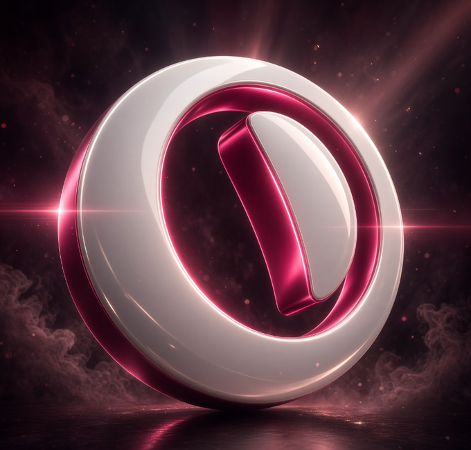 A glossy 3D-rendered circular logo in white and pink/magenta with a diagonal cutout, set against a dark background with glowing light effects.