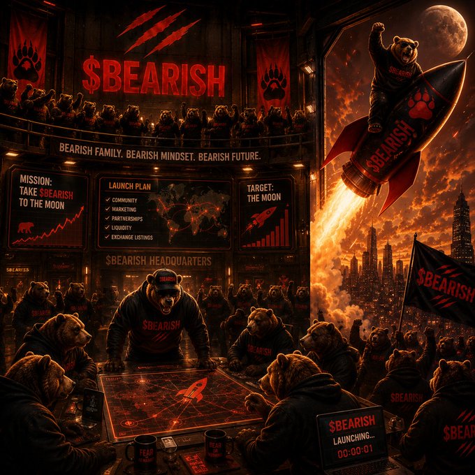 A dramatic, fiery illustration depicting an army of bears in '$BEARISH' hoodies planning a 'Mission: Take $bearish to the Moon' at their headquarters, complete with a launch countdown, maps, and a bear riding a rocket ship.