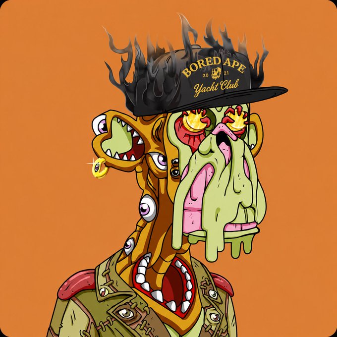 A stylized, multi-faced cartoon ape character wearing a black 'Bored Ape Yacht Club' cap, featuring melting and distorted features against an orange background.