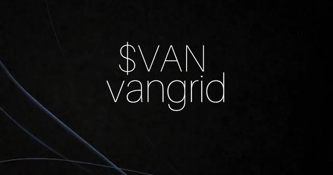 A dark, minimalist screen displays the text '$VAN' above 'vangrid' in thin white letters.