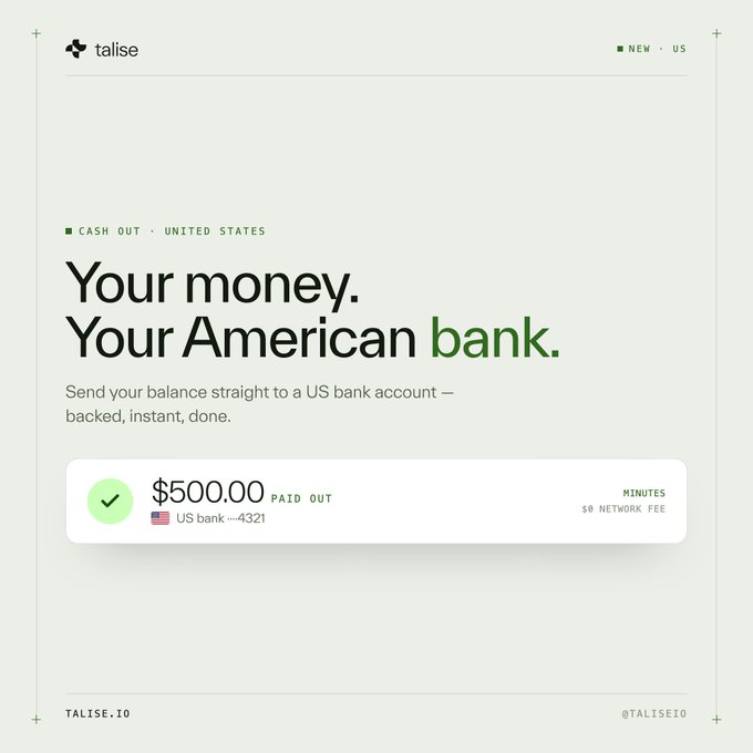 Talise app UI showing a $500.00 payout to a US bank account ending in 4321, with the headline "Your money. Your American bank."