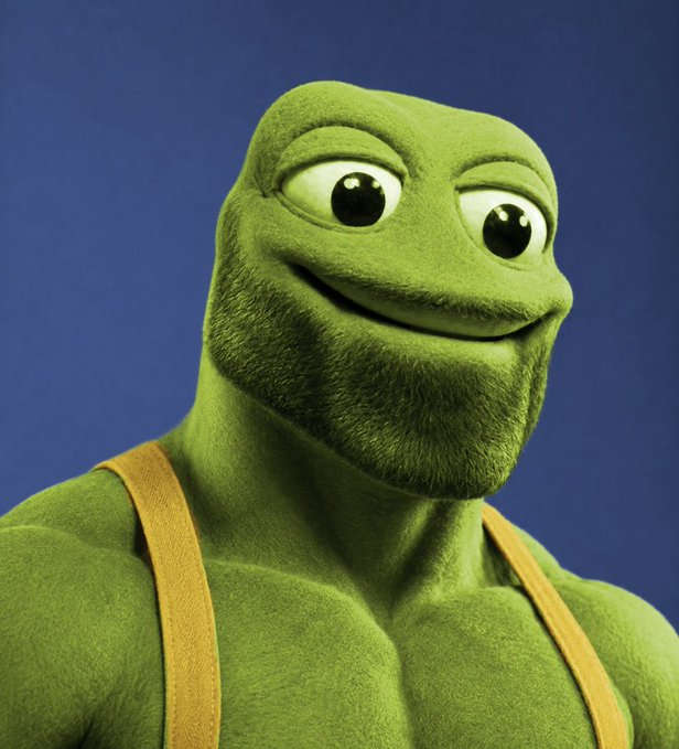 A 3D-rendered, muscular green frog with a slight smile and tan suspenders against a blue background looks off to the side. The image's confident and amused expression matches the post's praise for a community member stepping up, reflecting the celebratory and appreciative tone.