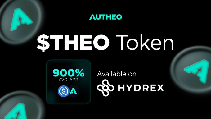 A promotional graphic for the '$THEO Token' by AUTHEO, advertising '900% AVG. APR' and noting it is 'Available on HYDREX', with the Autheo 'A' logo background.