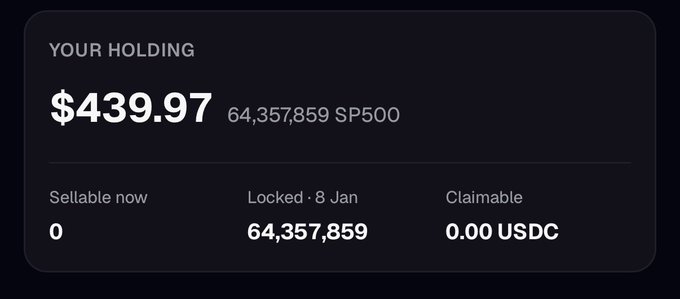 A dark-themed financial dashboard showing 'YOUR HOLDING' of $439.97 with 64,357,859 SP500 tokens, 0 sellable now, 64,357,859 locked until 8 Jan, and 0.00 USDC claimable.