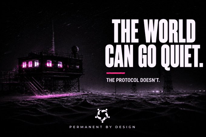 A dramatic dark advertisement shows an offshore platform illuminated in purple at night, accompanied by the bold text 'THE WORLD CAN GO QUIET. THE PROTOCOL DOESN'T.' and the tagline 'PERMANENT BY DESIGN.'