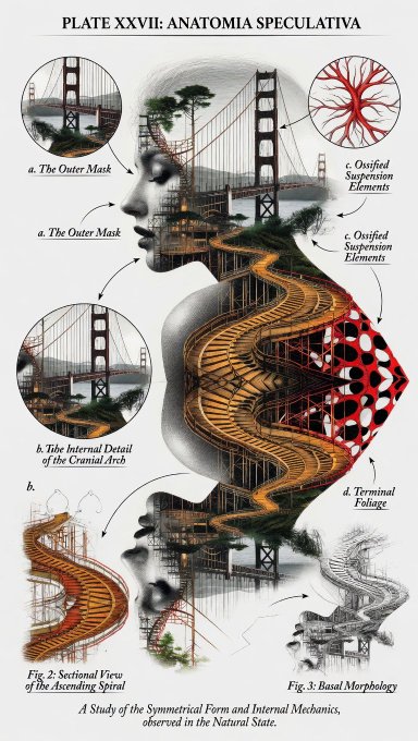 A detailed anatomical-style plate titled "PLATE XXVII: ANATOMIA SPECULATIVA" merges human facial profiles with the Golden Gate Bridge, featuring labeled sections like "The Outer Mask," "Ossified Suspension Elements," and "Terminal Foliage," blending surrealist art and engineering aesthetics in a visually layered composition that supports the post's call to share artistic work.
