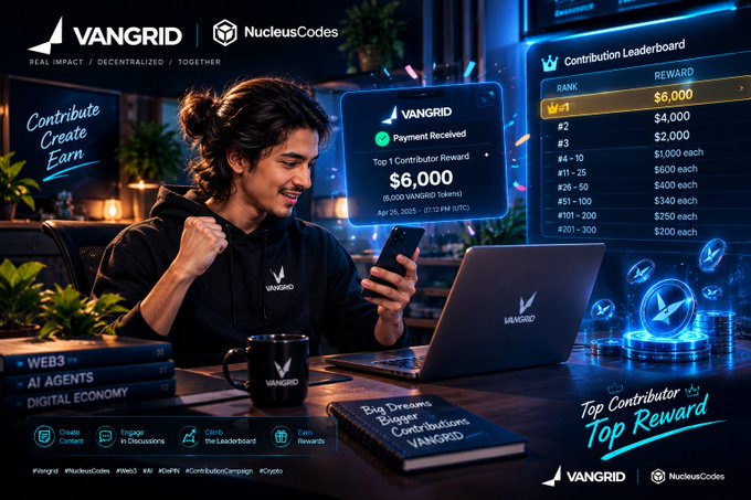 A promotional graphic for 'VANGRID' by NucleusCodes featuring a smiling young man looking at his phone, with a 'Payment Received' notification showing a 'Top 1 Contributor Reward' of $6,000 and a 'Contribution Leaderboard' displaying various ranks and rewards.