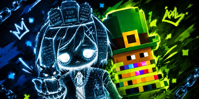 An artistic illustration featuring a glowing-eyed anime character holding a cat alongside a pixelated character wearing a green leprechaun hat, set against a dark background with neon green and blue accents.
