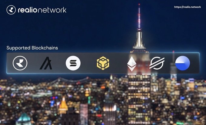 The image shows a nighttime New York City skyline with the Realio Network logo and website "https://realio.network" in the top corners, alongside a "Supported Blockchains" banner featuring logos for various cryptocurrencies including what appears to be Algorand, a yellow blockchain icon, Ethereum, Stellar, and others. The visual reinforces the post's message about regulatory clarity being the key to transforming crypto into functional infrastructure, as Realio's multi-chain platform exemplifies the kind of institutional-grade infrastructure that benefits from clear regulations.