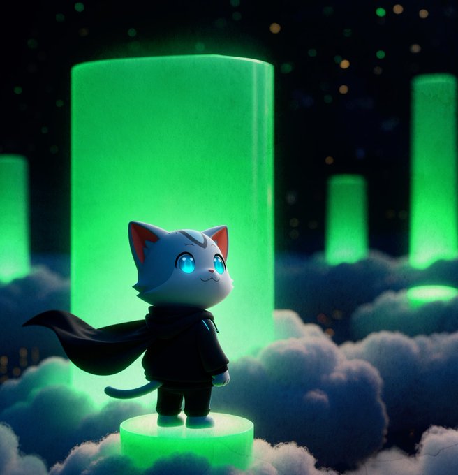 A cute white cat character with glowing blue eyes and a black cape stands triumphantly on a glowing green pedestal, surrounded by floating green pillars and clouds against a starry night sky—visually embodying the post's "Manifesting green $WEN" theme as a symbol of hopeful, upward momentum for the token.