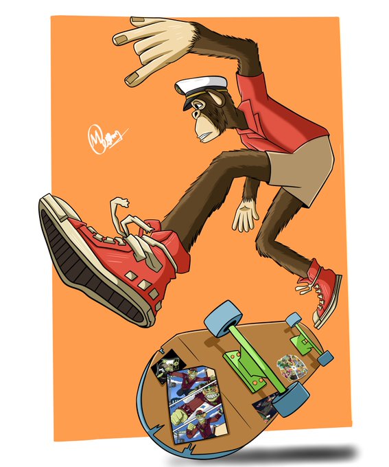 A cartoon illustration of a chimpanzee wearing a red shirt, sailor hat, and red sneakers, stepping on a skateboard with truck and wheel components.