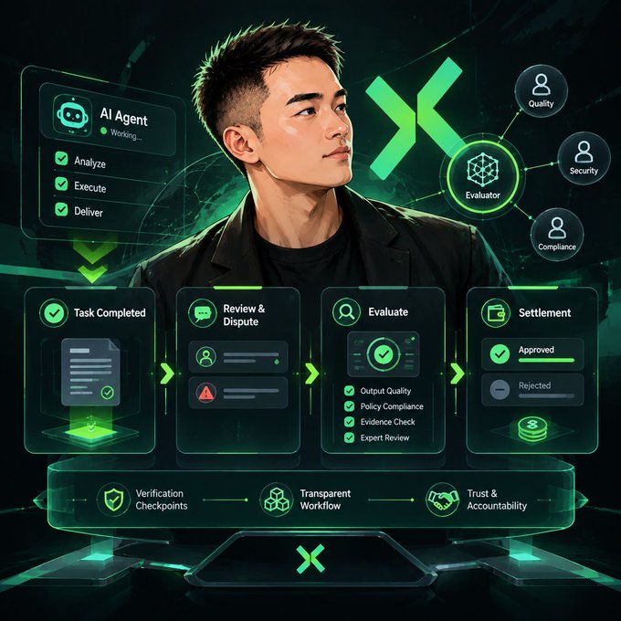 A futuristic graphic shows a man surrounded by digital workflow panels labeled 'AI Agent', 'Task Completed', 'Review & Dispute', 'Evaluate', and 'Settlement', emphasizing verification checkpoints and transparent workflow.