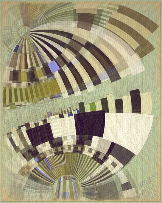 An abstract geometric artwork featuring radiating patterns, fans, and segmented color blocks in greens, browns, and black.