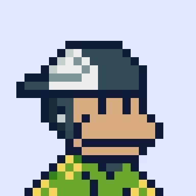 A pixel art portrait of a soldier in camouflage wearing a helmet against a light blue background.