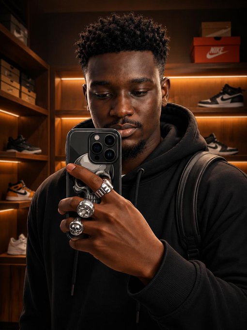 A young man with a short curly haircut and beard, wearing a black hoodie, takes a mirror selfie with a smartphone while displaying silver skull rings on his fingers, standing in what appears to be a sneaker boutique with Nike branding visible on boxes and a "NIKE" shoebox in the background.

The image complements the post's reflective mood about August's financial struggles, visually capturing the relatable "broke" mentality of looking at nice sneakers (like the Nike Air Jordans displayed) but being unable to afford them despite wanting to treat himself for September.